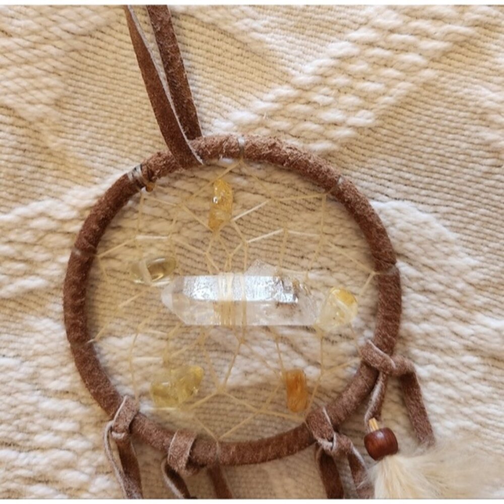 Selenite Indigenous made bohemian Dreamcatcher with feather. 2.5"